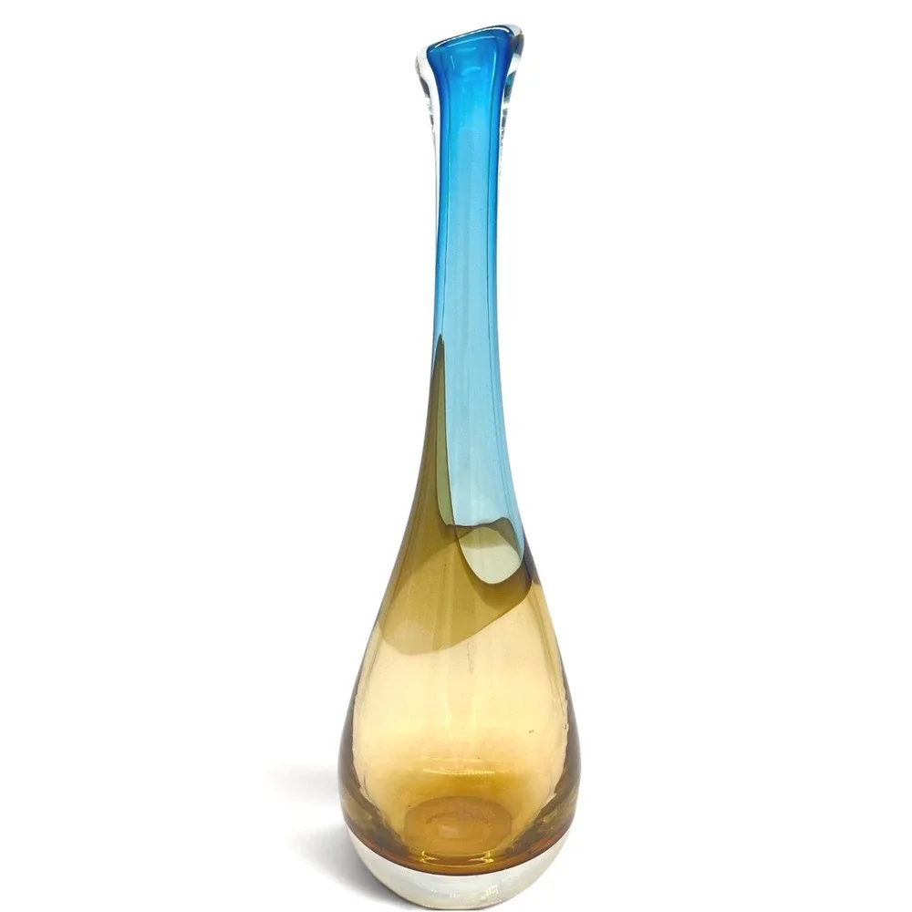 Sommerso Style Glass Vase Blue‎ Amber Teardrop Mid Century Modern 15.5